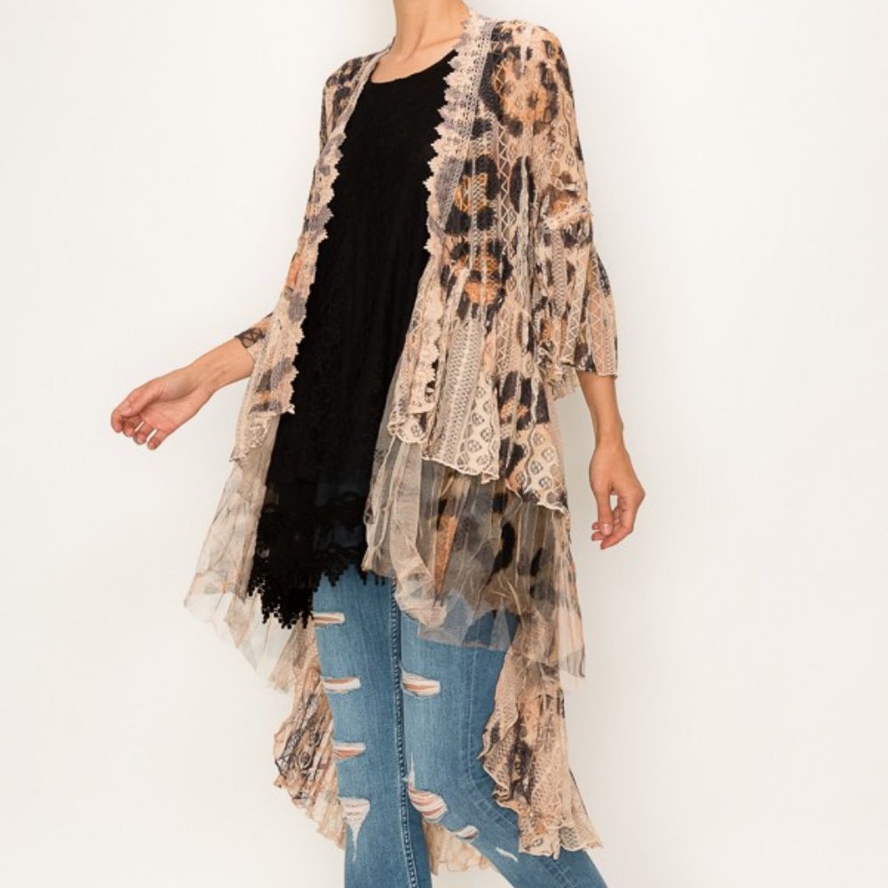 new ORIGAMI ANIMAL PRINT leopard ALL LACE CARDIGAN KIMONO western boho SM-4X - Picture 3 of 9